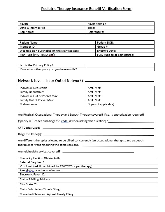 New client paperwork, medical forms, intake paperwork, ABA, Benefit Verification, VOB, copay, deductible, coinsurance, parent communication