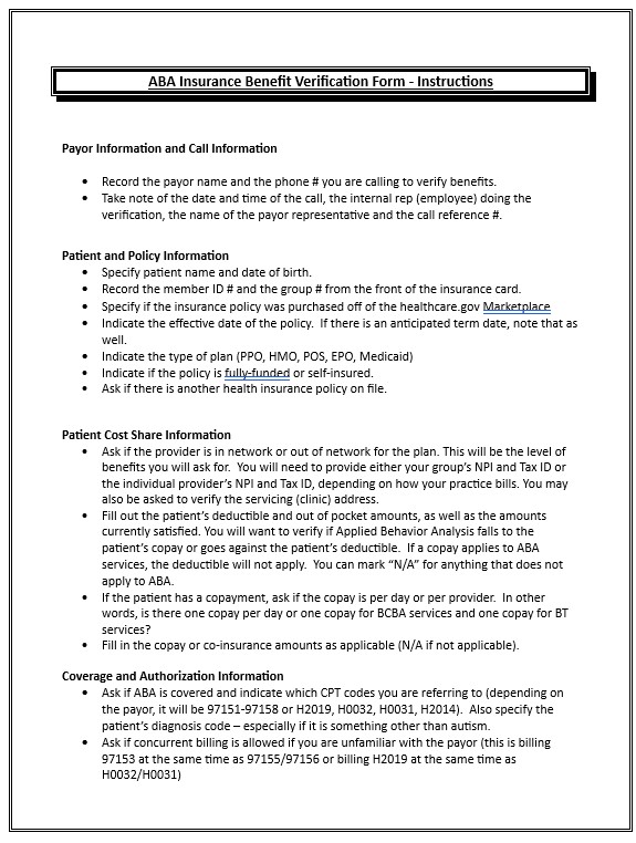 ABA Benefits, ABA, Behavior Analysis, VOB, insurance benefits, copay, deductible, authorization, BCBA, Applied Behavior Analysis, health insurance benefits