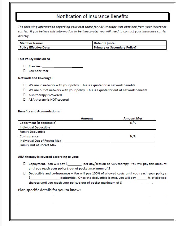 ABA Benefits, ABA, Behavior Analysis, VOB, insurance benefits, copay, deductible, authorization, BCBA, Applied Behavior Analysis, health insurance benefits