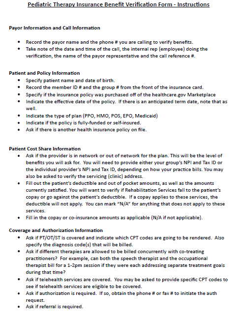 New client paperwork, medical forms, intake paperwork, ABA, Benefit Verification, VOB, copay, deductible, coinsurance, parent communication, Behavior Analysis
