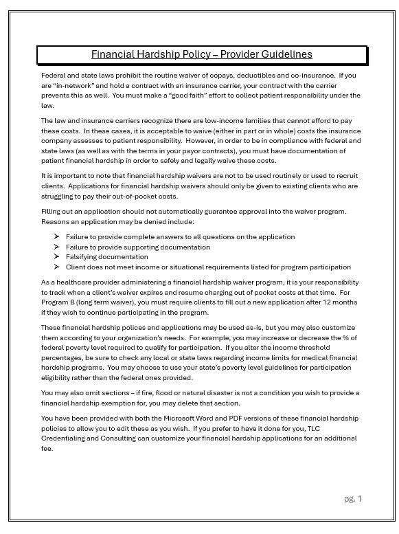 Financial Hardship policy, financial hardship waiver, copay waiver, medically indigent, Medicaid, poverty, federal poverty level, medcial bill