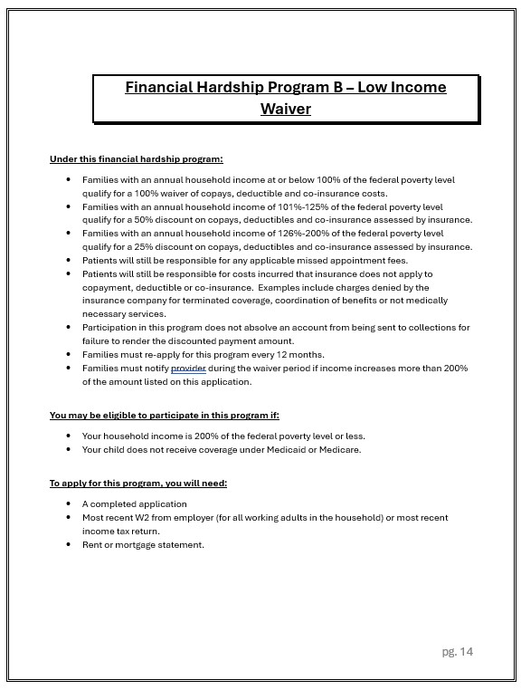 Financial Hardship policy, financial hardship waiver, copay waiver, medically indigent, Medicaid, poverty, federal poverty level, medcial bill