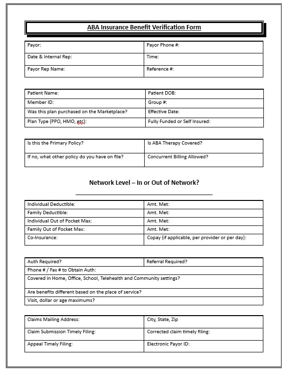 ABA Benefits, ABA, Behavior Analysis, VOB, insurance benefits, copay, deductible, authorization, BCBA, Applied Behavior Analysis, health insurance benefits